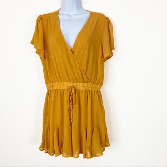 TRIXXI Mustard Yellow Orange Summer Chiffon Romper Shorts Flowy Size Large Boho - Picture 2 of 6